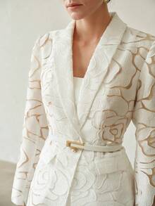 MOTF PREMIUM FASHION DESIGN EXQUISITE WAIST-CINCHED ELEGANT LONG SLEEVE TEXTURED EMBROIDERY WOMEN'S BLAZER - White - View 2