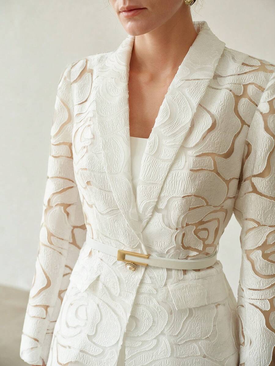 MOTF PREMIUM FASHION DESIGN EXQUISITE WAIST-CINCHED ELEGANT LONG SLEEVE TEXTURED EMBROIDERY WOMEN'S BLAZER