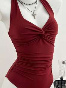 Elamini Women's Spring/Summer V-Neck Front Twist Sexy Casual Minimalist Bodysuit - Red - View 3