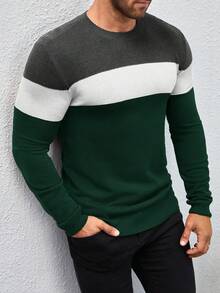 Manfinity Homme Men's Minimalist Colorblock Crew Neck Long Sleeve Sweater For Daily Wear - Dark Green - View 4
