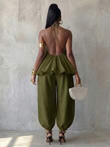 BamGlimmer 女款純色露背掛脖上衣與燈籠褲兩件套 - 軍綠色 - 查看 2