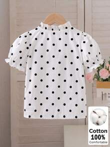 SHEIN Elladie kids 女童休閒波點短袖公主袖白色棉質上衣，新時尚度假旅行必備，適合外出、休閒與派對穿搭 - 白色 - 查看 3