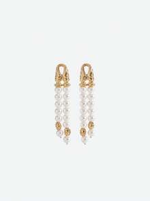 Opalesca Pendientes largos de perla con borlas de 18 K, adecuados para uso diario, atuendos, dinero antiguo, accesorios de boda/novia, joyería occidental, Fairycore/Fairy, perla, otoño/invierno, para mamá/mujer/niña/madre, elegante - Dorado - Ver 2