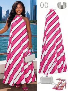 Poshavie Poshavie Elegantes Urlaubs-Kleid in großen Größen, ärmellos und locker geschnitten, perfekt für den Sommer. - Heißes Pink - Übersicht 1