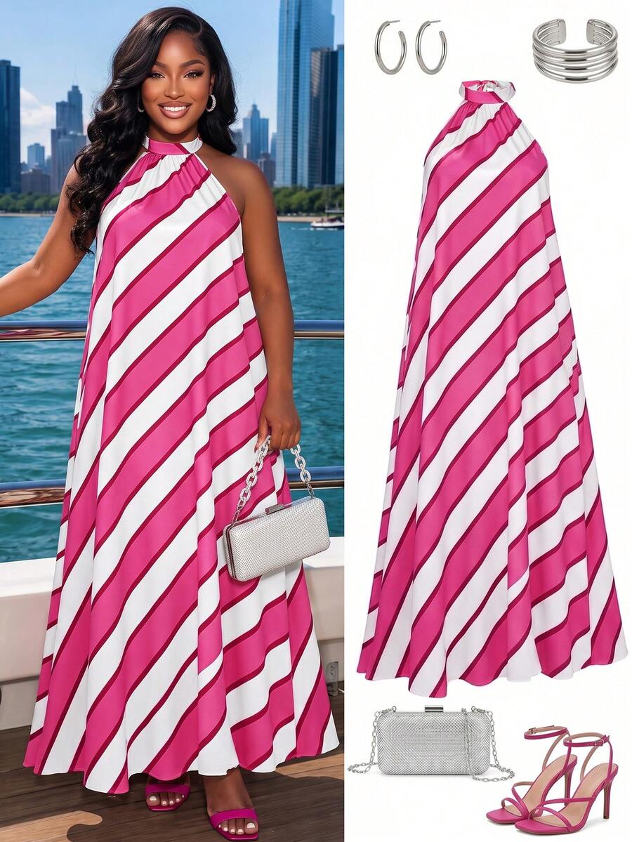 Poshavie Poshavie Elegantes Urlaubs-Kleid in großen Größen, ärmellos und locker geschnitten, perfekt für den Sommer. - Heißes Pink - Übersicht 1