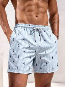 Manfinity KASUA Light Blue Vertical Striped Fish Print Men's Beach Shorts - Blue and White - View 4