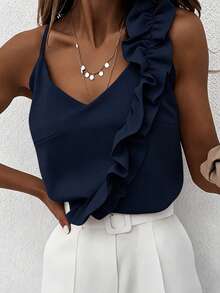 EMERY ROSE Camisola sexy de mujer con cuello en V, volantes de encaje y espalda descubierta - Azul Marino - Ver 1