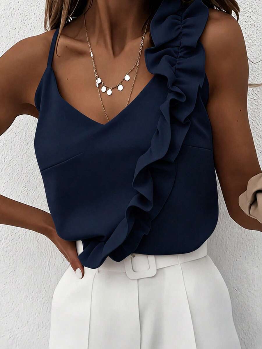 EMERY ROSE Camisola sexy de mujer con cuello en V, volantes de encaje y espalda descubierta - Azul Marino - Ver 1
