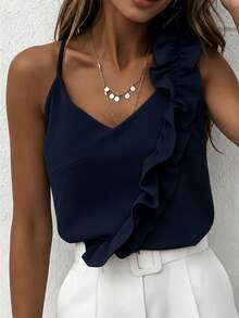 EMERY ROSE Camisola sexy de mujer con cuello en V, volantes de encaje y espalda descubierta - Azul Marino - Ver 6