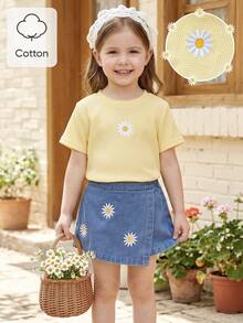 SHEIN Playful Pals 返校季女童休閒可愛圓領標準肩彩色波點彩虹印花T恤與純色牛仔裙短褲套裝，夏季 - 黃色 - 查看 7