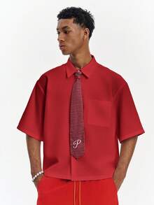 PAVTROS Men's Solid Color Loose Fit Short Sleeve Shirt With Tie - Red - View 5
