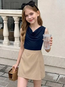 SHEIN 2件組 青少年女孩夏季新款休閒針織素色修身背心與梭織百搭二合一裙褲套裝，適合日常穿著、外出、度假與聚會 - 藍色 - 查看 3