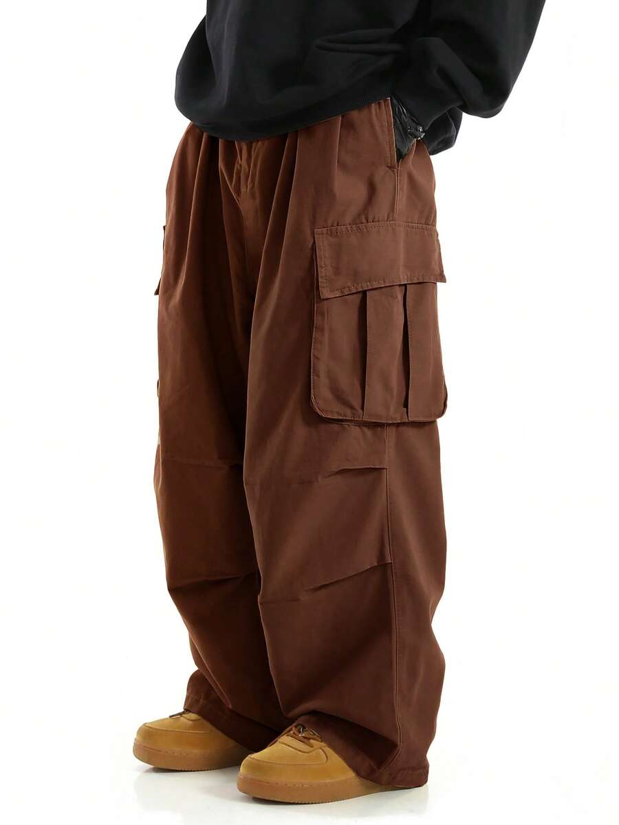 Manfinity Hypemode Men Flap Pocket Side Drawstring Waist Oversize Cargo Pants, Fall Wide Leg - Rust Brown - View 1