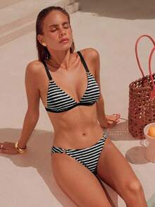 Swim Chiccia 2026春夏新款辣妹吸睛性感純棕色與白色條紋兩件式比基尼泳衣套裝 - 彩色 - 查看 6