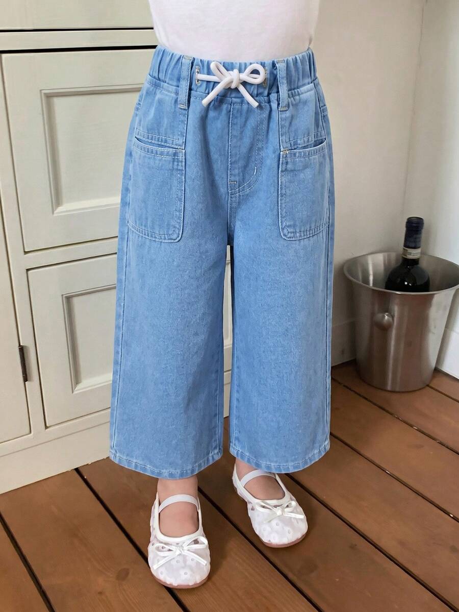 SHEIN Girls' Loose Lightweight Casual Sporty Versatile Washed Light Blue Back-To-School Denim Pants, Pocket Design, Drawstring Elastic Waist, Mid-Waist - Light Wash - View 1
