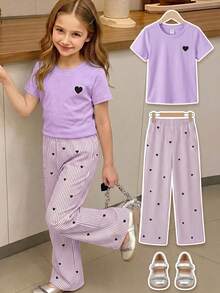 SHEIN Elladie kids 女童春夏休閒時尚新款T恤套裝，正面美式復古數字熱轉印圖案，羅紋圓領，插肩袖T恤上衣搭配休閒長褲，2件套，適合女童美式復古高級簡約休閒舒適甜酷穿搭，適用日常穿著、上學、出遊、度假、日常運動、參加派對、節日，春夏穿搭 - 紫色 - 查看 6