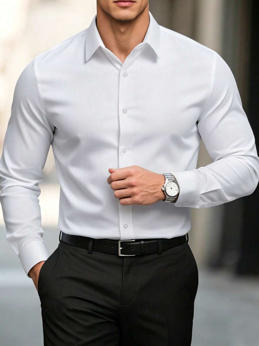 Manfinity Mode Camisa de un solo color de un solo pecho casual versátil para uso diario para hombres - Blanco - Ver 1