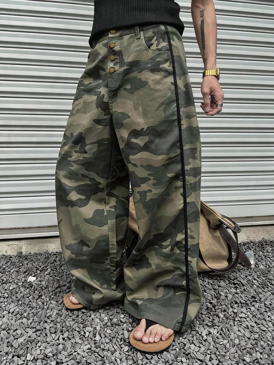 PAVTROS 男士新款高街迷彩休閒長褲，美式復古寬鬆直筒長褲 - 軍綠色 - 查看 1