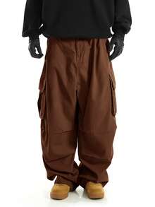 Manfinity Hypemode Men Flap Pocket Side Drawstring Waist Oversize Cargo Pants, Fall Wide Leg - Rust Brown - View 4