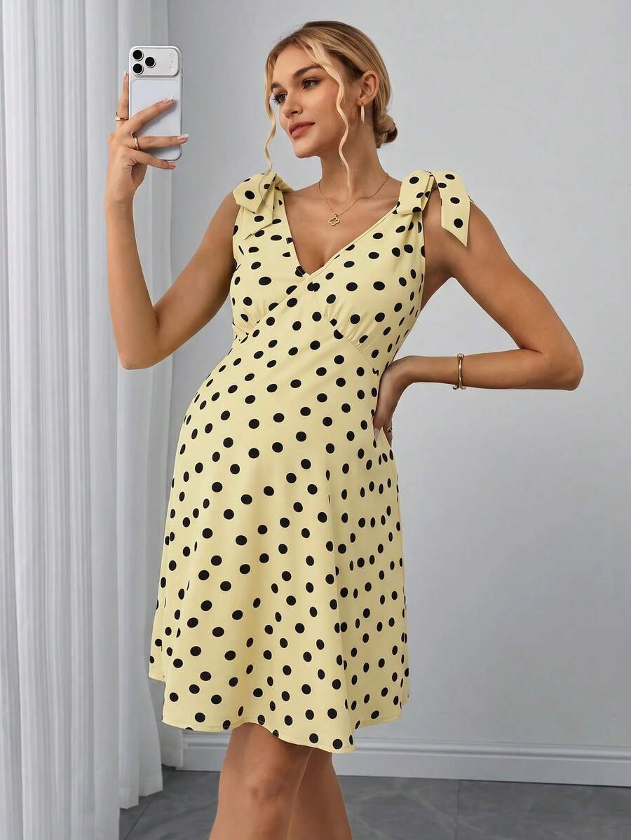 SHEIN Maternity Polka Dot Print Shoulder Knot Sleeveless Dress - Yellow - View 1