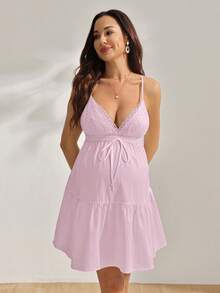 SHEIN GentleRue Maternity Casual Vacation Multi-Functional Fashion Daily Solid Color Lace Patch Embroidery V-Neck Spaghetti Strap Dress, Spring/Summer - Pink - View 4