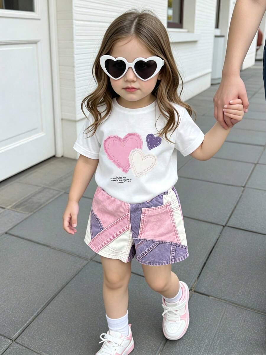 SHEIN 2件組幼兒卡通花朵公主T恤短褲套裝，甜美可愛，舒適便捷，適合夏季戶外穿著 - 彩色 - 查看 1