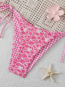 Swim Mod 女款 2 件組花卉提花夏季海灘掛脖綁帶格紋印花特殊面料比基尼泳衣套裝 - 彩色 - 查看 4