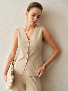 MOTF PREMIUM V-NECK SLEEVELESS KNIT VEST & PANTS SET FOR WOMEN - Apricot - View 7