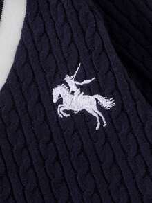 Souflis Souflis 2件組男嬰 Polo 衫牛仔褲套裝，學院風皇家藍麻花針織馬刺繡長袖翻領生日派對秋季男嬰套裝 - 藏蓝色 - 查看 2