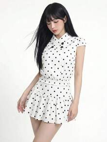 Sweetina 女款波點短袖上衣與短褲休閒日常套裝 - 白色 - 查看 3