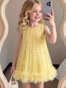 SHEIN Elladie kids 小女孩蝴蝶結裝飾圓領網紗拼接派對7歲生日禮服 黃色 夏季秋季 - 黃色 - 查看 4