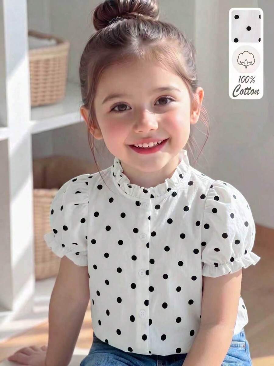 SHEIN Elladie kids 女童休閒波點短袖公主袖白色棉質上衣，新時尚度假旅行必備，適合外出、休閒與派對穿搭