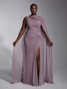 Elitara Plus Size Elegant Minimalist Grey-Purple One Shoulder Ruched Skirt With Knot Detail And Slit Mermaid Hem, Paired With Long Shawl, Suitable For Wedding, Event, Vacation, Birthday Party, Formal Evening Gown - Dusty Purple - View 3