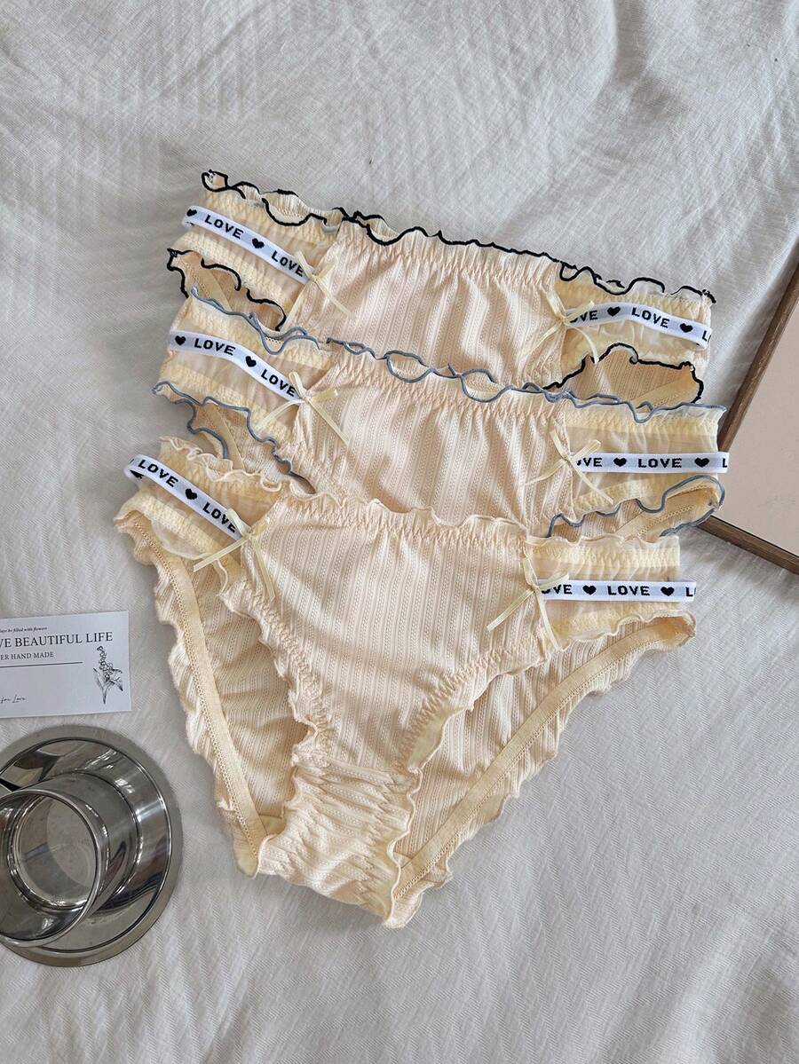 Napfluff Women's Frill Trim Letter Contrast Design Fashionable Cute Triangle Panties 3 Pieces Set - Multicolor - View 1