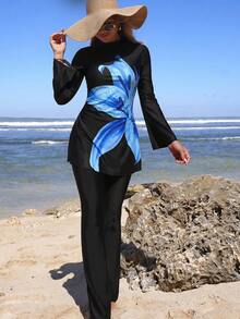 Swim Mulvari 女士夏季简约布基尼套装，显瘦花卉印花，长袖上衣搭配高腰裤，适合度假穿着 - 藍色 - 查看 3
