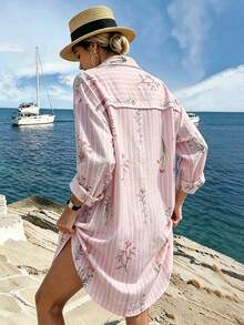 Vaclyn Women's Floral Print Striped Single-Breasted Shirt Dress, Suitable For Daily Wear, Vacation And Beach - Pink - View 8