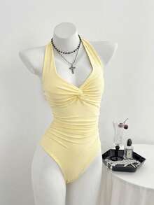 Elamini Women's Spring/Summer V-Neck Front Knot Sexy Casual Minimalist Bodysuit - Light Yellow - View 3