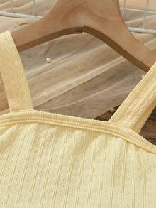 Tween Girls 2Pcs Textured Yellow Square Neck Cami Crop Top + Tiered Maxi Skirt Summer Vacation Outfit Set,Beach Holiday Outfit Bandage Dress - Yellow - View 4