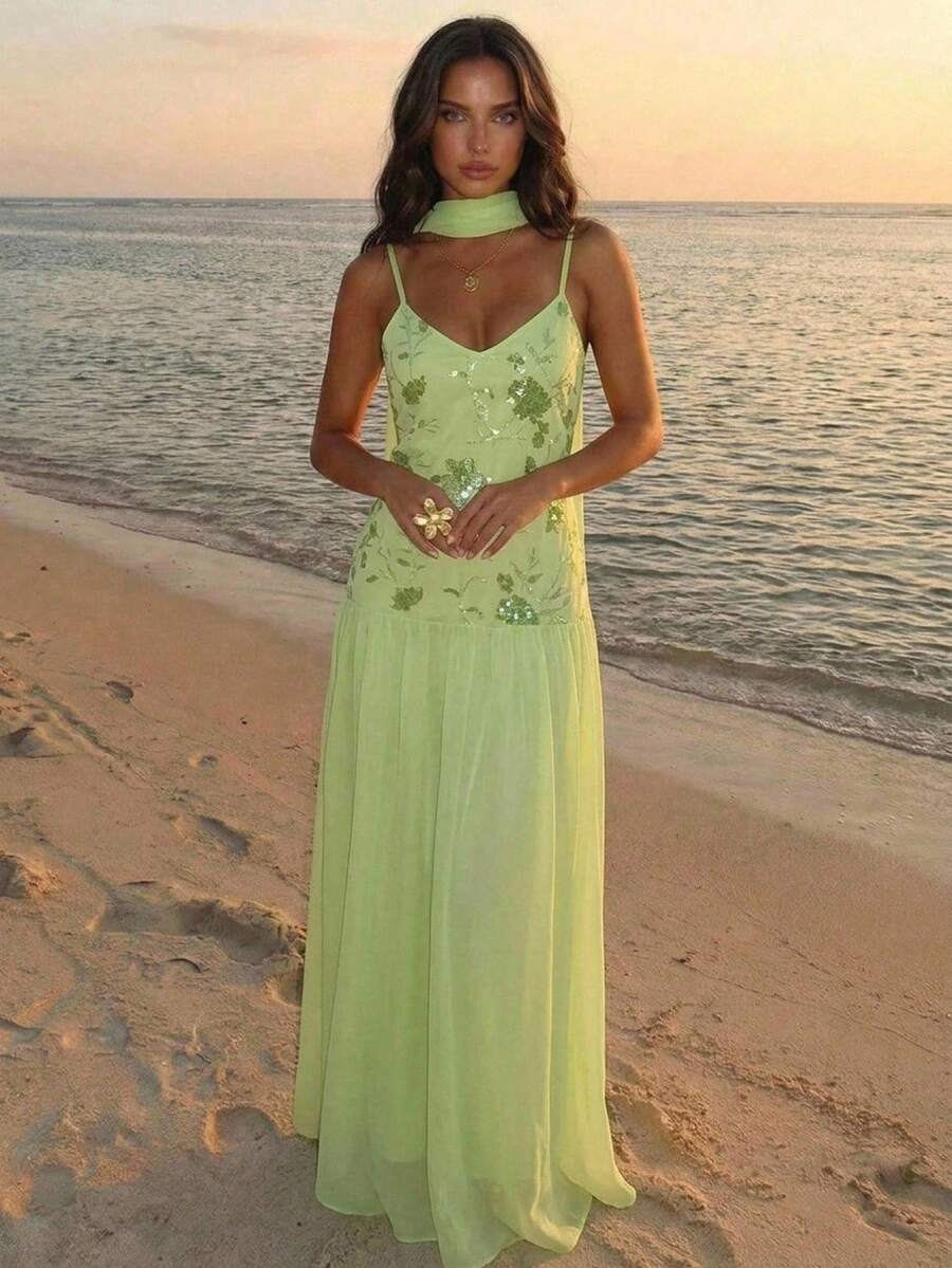 Aloruh Elegante abito da vacanza romantico in chiffon con paillettes e patchwork, con fiocco, stile dea per appuntamenti