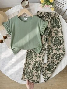 SHEIN Tween女孩女童T恤套裝 梭織素色短袖T恤搭配碎花長褲休閒套裝 - 綠色 - 查看 3