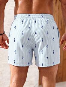 Manfinity KASUA Light Blue Vertical Striped Fish Print Men's Beach Shorts - Blue and White - View 2