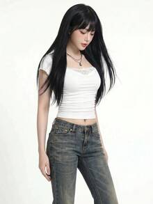 Sweetina 極簡性感休閒蕾絲 2 合 1 荷葉袖女款 T-shirt - 白色 - 查看 2