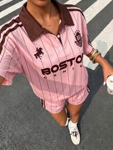 Muchica 女款多色條紋針織短袖 Polo 衫與配套短褲休閒兩件套 - 彩色 - 查看 5
