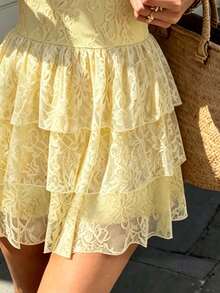 Cévolie Women's Lace Jacquard Strapless Short Dress - Yellow - View 4