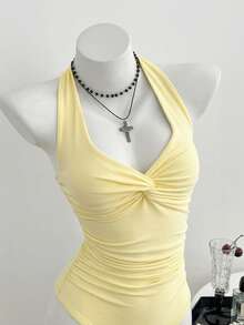 Elamini Women's Spring/Summer V-Neck Front Knot Sexy Casual Minimalist Bodysuit - Light Yellow - View 4