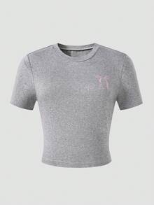 SHEIN 春/夏灰色青少年女孩兩件套，短版圓領T恤胸前粉色蝴蝶結印花，高腰寬腿垂墜感長褲，修身顯瘦適合各種腿型，適合校園、購物與居家穿著 - 灰色 - 查看 5