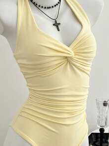 Elamini Women's Spring/Summer V-Neck Front Knot Sexy Casual Minimalist Bodysuit - Light Yellow - View 5