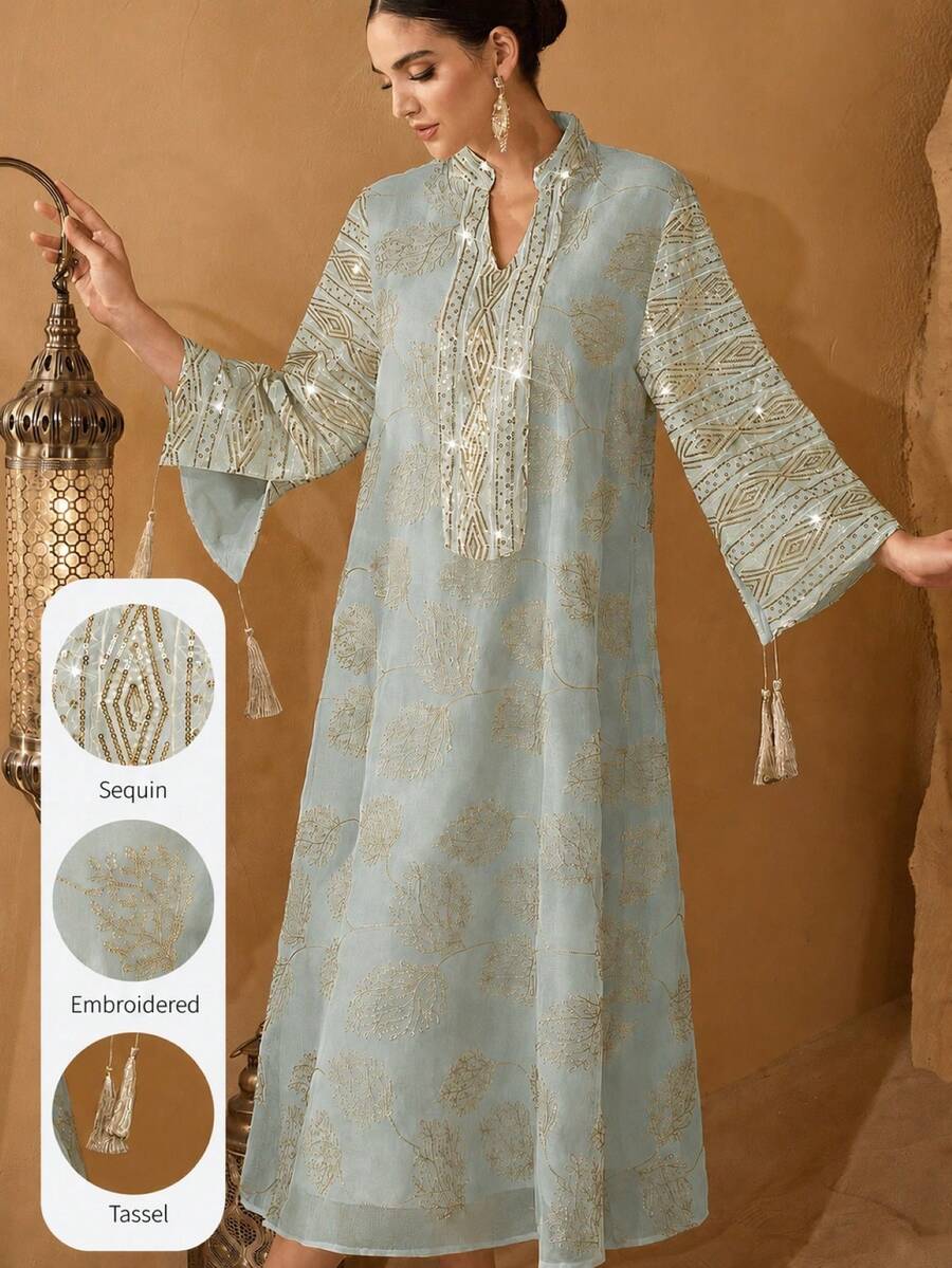 Al Najma 女款優雅工藝布料流蘇裝飾寬鬆長款晨袍 - 綠色 - 查看 1