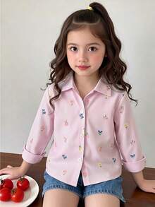 SHEIN Genkimix Kids 女童仿刺繡圖案粉色與白色條紋印花，清新輕盈設計，女童襯衫，領口長袖寬鬆休閒襯衫，花卉圖案，春/秋休閒襯衫 - 彩色 - 查看 1