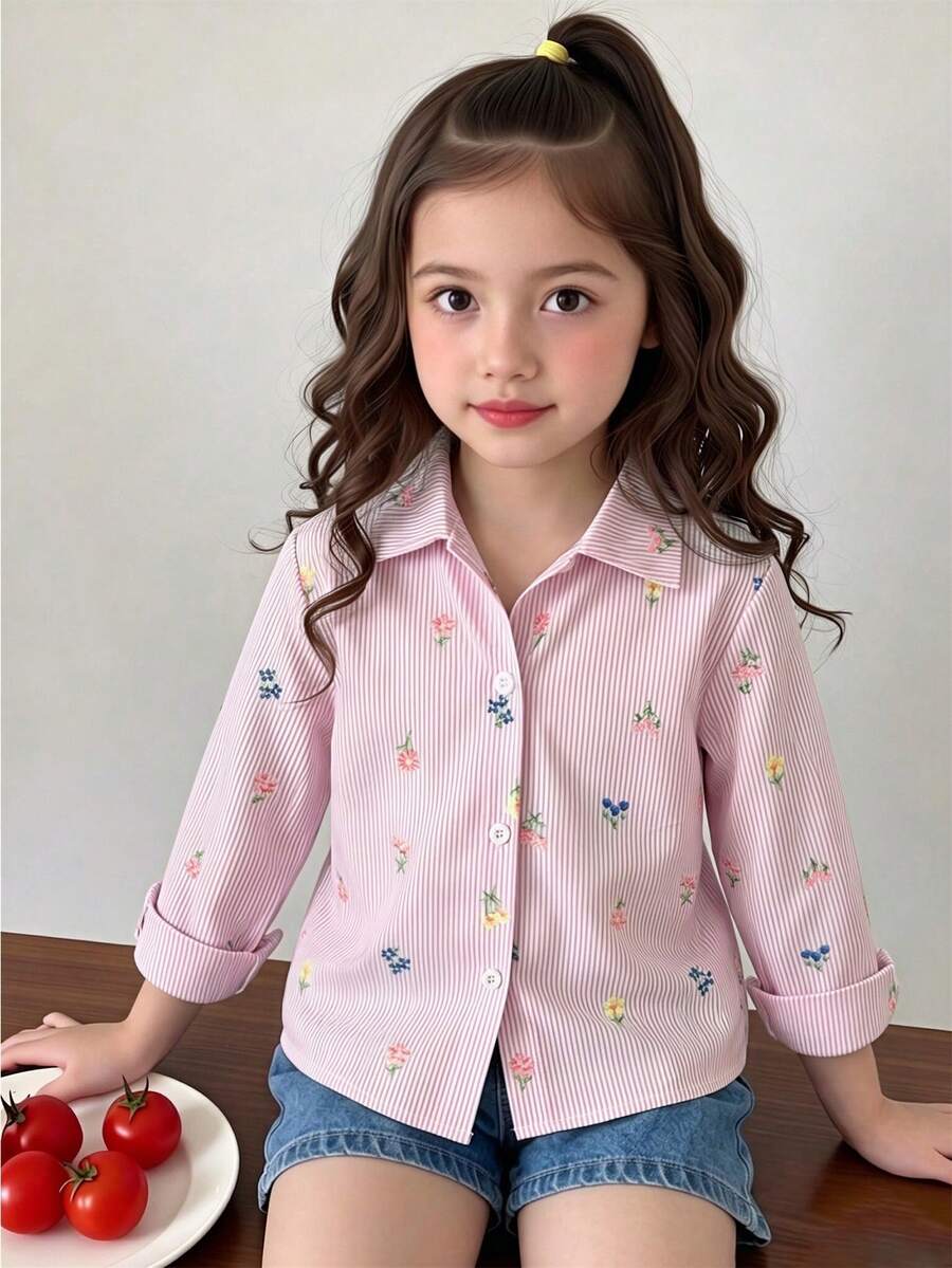 SHEIN Genkimix Kids 女童仿刺繡圖案粉色與白色條紋印花,清新輕盈設計,女童襯衫,領口長袖寬鬆休閒襯衫,花卉圖案,春/秋休閒襯衫 - 彩色 - 查看 1